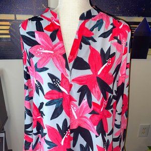 NIC+ZOE Pink Floral Flowy Long Sleeve Relaxed Fit Button Up Down Blouse Shirt